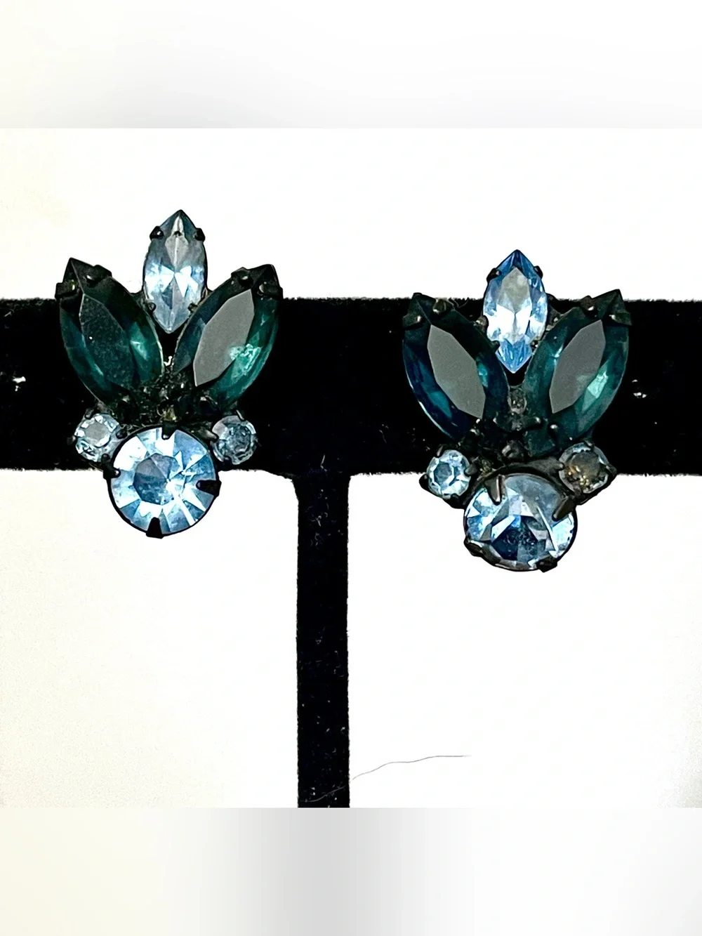 Vintage Blue Teal Rhinestone Clip Earrings Black Japanned Navette MCM Art Deco